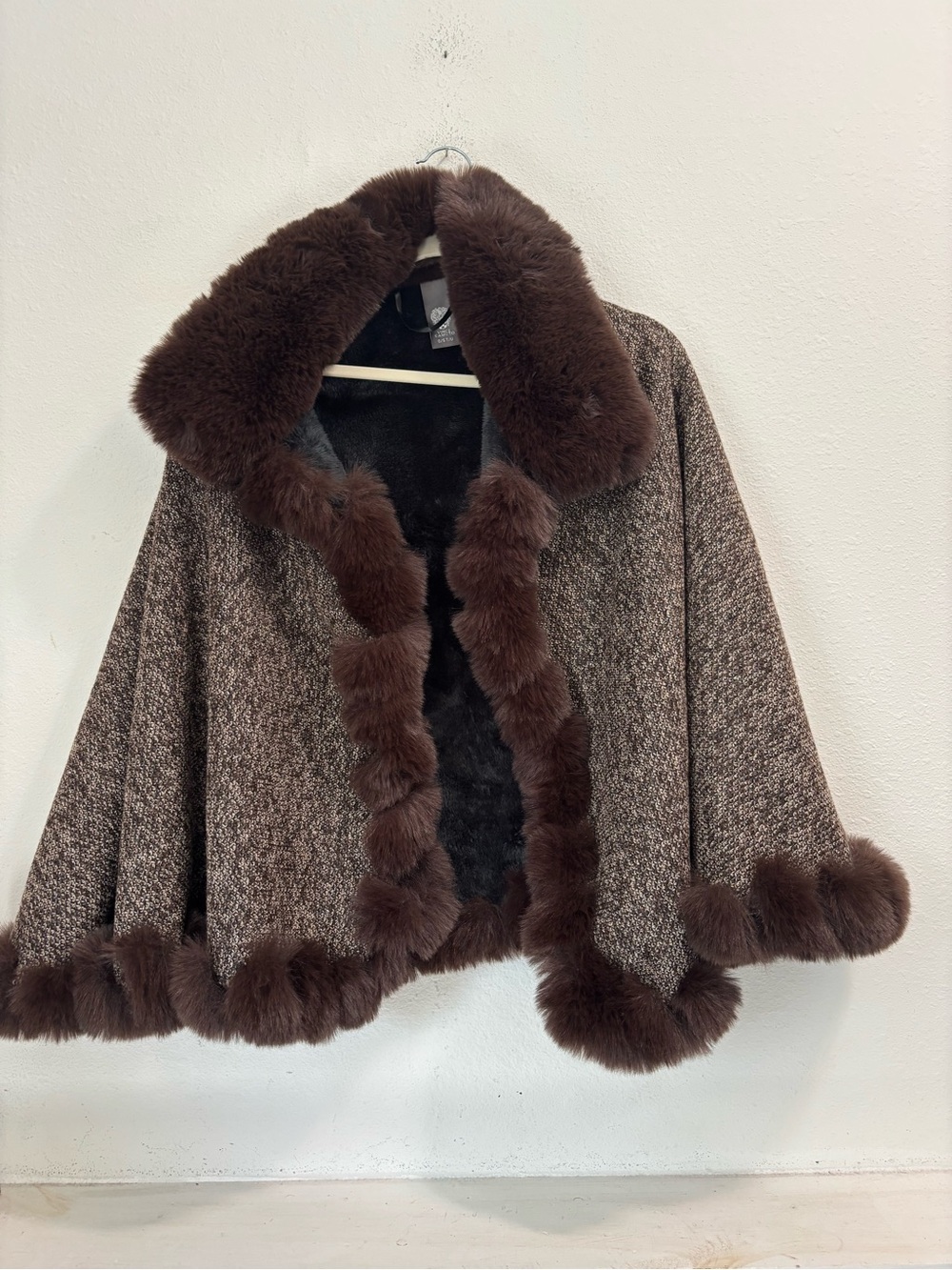 Vince Camuto Brown Tweed Cape with Faux Fur Trim